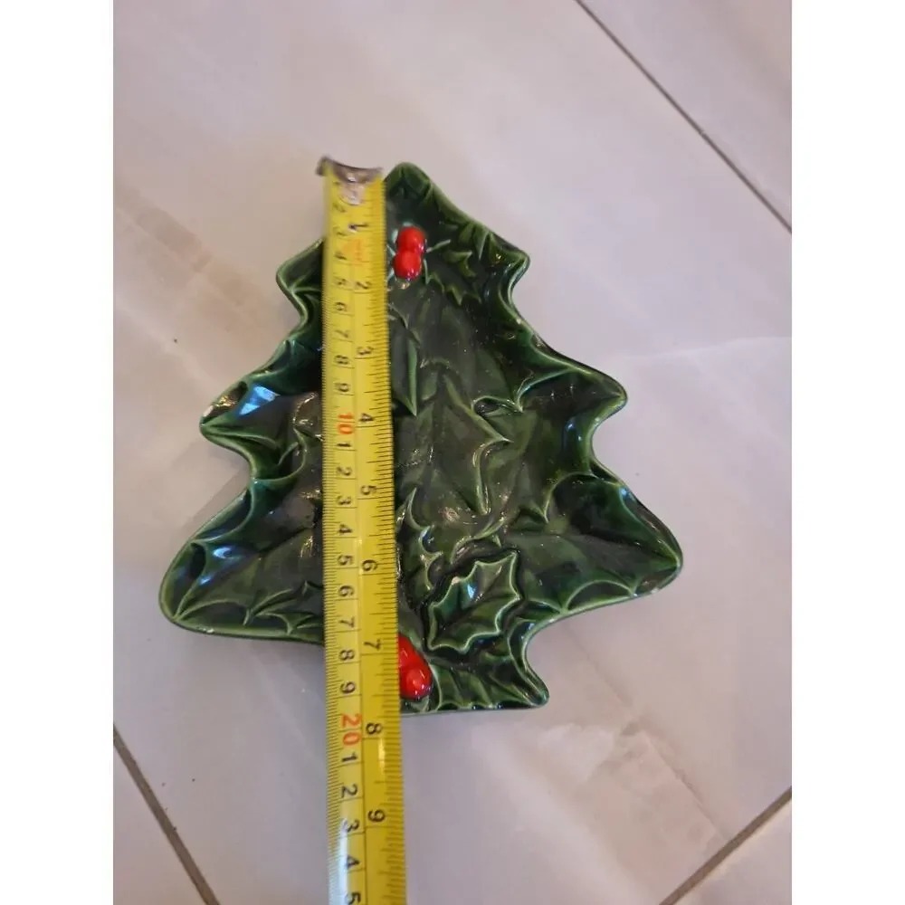 Vintage Lefton Green Holly Christmas Tree Candy Dish , Holly Berries‎ 1971/72